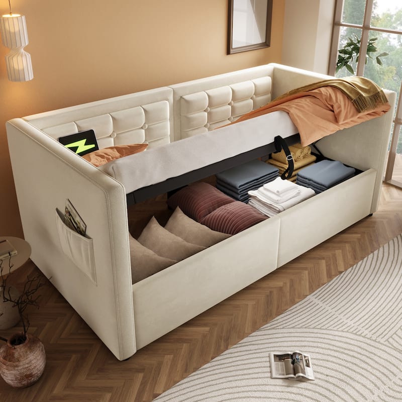 Velvet Tufted Upholstered Daybed Hydraulic Storage Twin Bed Frame with USB & Type-C Charging, Side Pockets and Wooden Slats