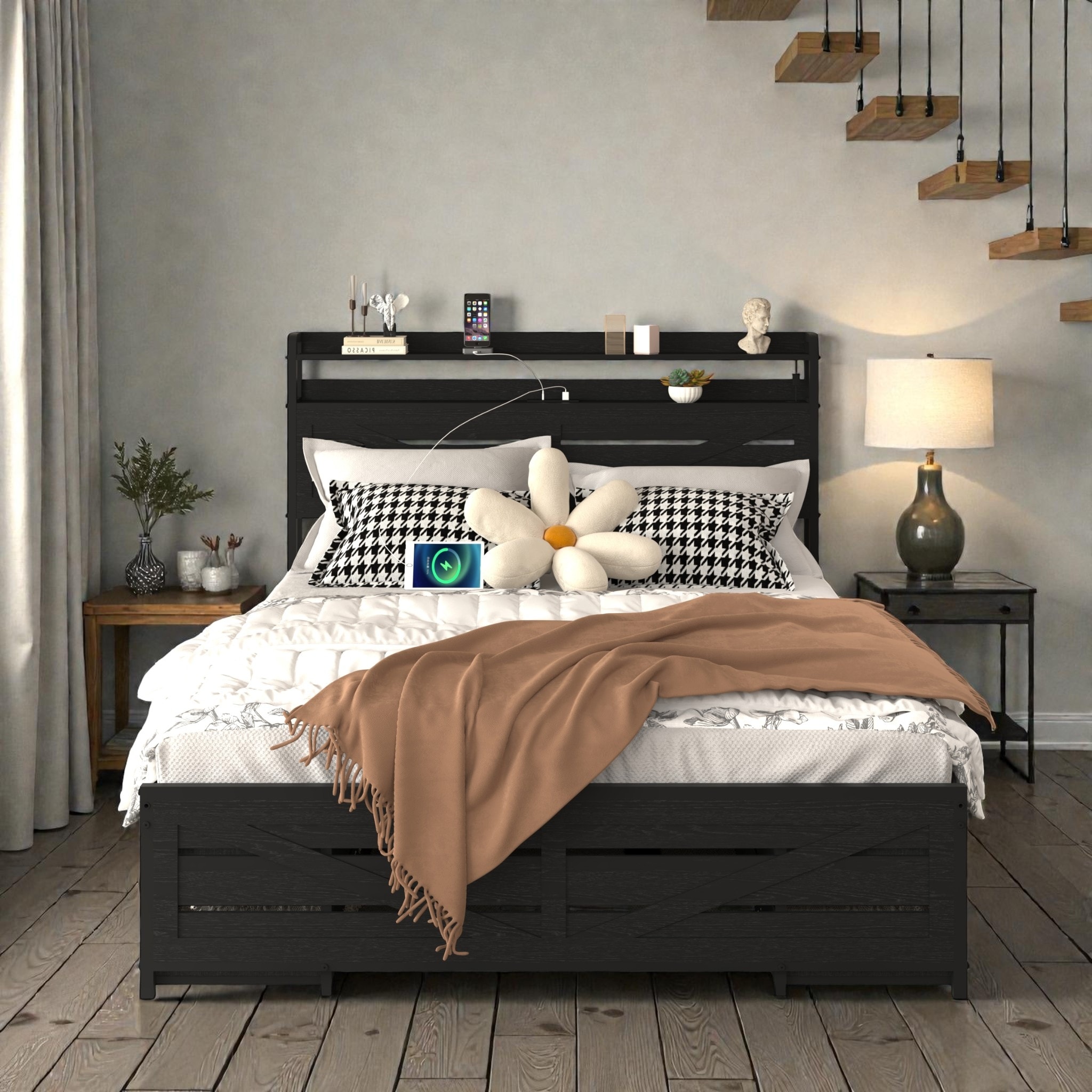 Full Size Metal Bed Frame with 12 Fabric Drawers, Charging Station, LED Lights and Storage Headboard