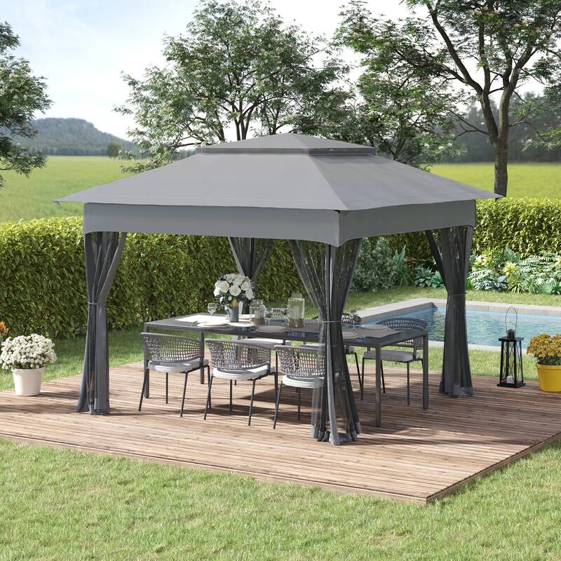 Outsunny 11' x 11' Pop Up Gazebo Canopy with 2-Tier Soft Top, and Removable Zipper Netting, Event Tent with Storage Bag - Mixed Grey