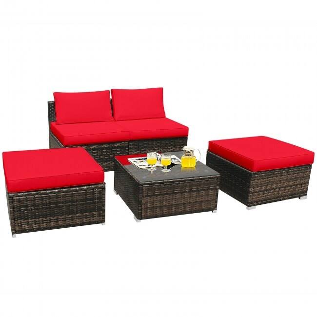 5 Pieces Wicker Lounge Chair Set with Washable Zippered Cushions - 26" x 26" x 13.5" (L x W x H)
