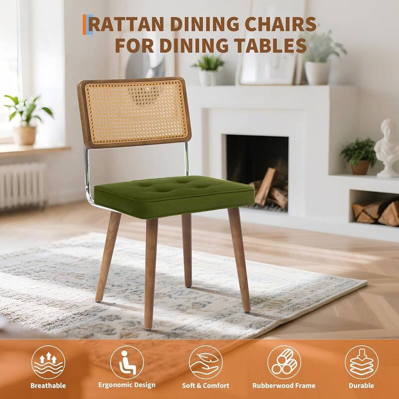 Set of 2 Natural Rattan Kitchen Dining Chairs for Dining Room