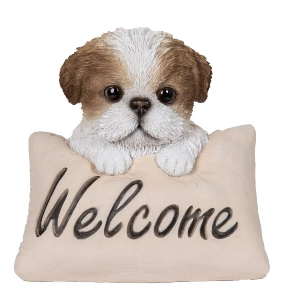 Shih Tzu with Welcome Sign Outdoor Garden Statue - 5.25"