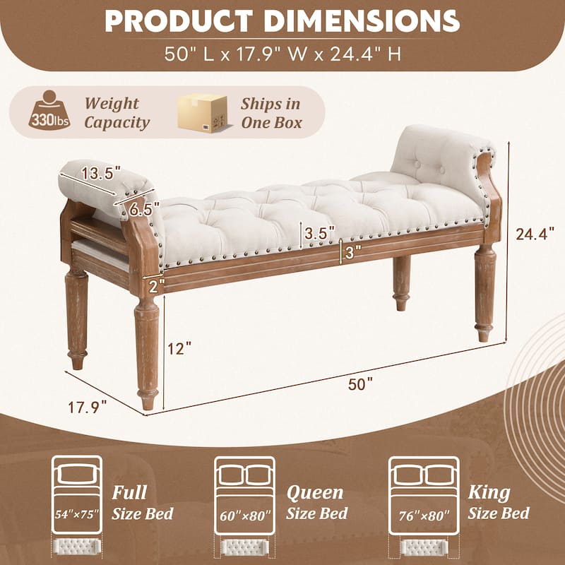 Christopher Knight Home - Mid-Century Solid Rubberwood Upholstered Bench with Rolled Arms, Button-Tufted Cushion & Nailhead Trim