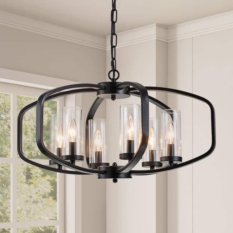 Starsky 6-Light 23in. Modern Farmhouse Unique Ceiling Lights Geometric Lantern Chandelier - Black