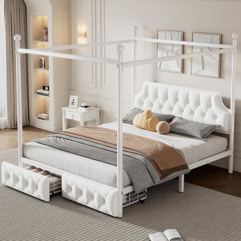 Queen Size Metal Canopy Platform Bed with Headboard and Storage Drawers