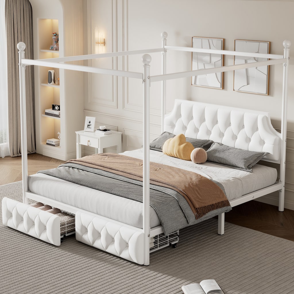 Queen Upholstered Canopy Bed Frame with 2 Drawers and Button Tufted Headboard/Metal Platform Bed Frame/Sturdy Metal Frame/White