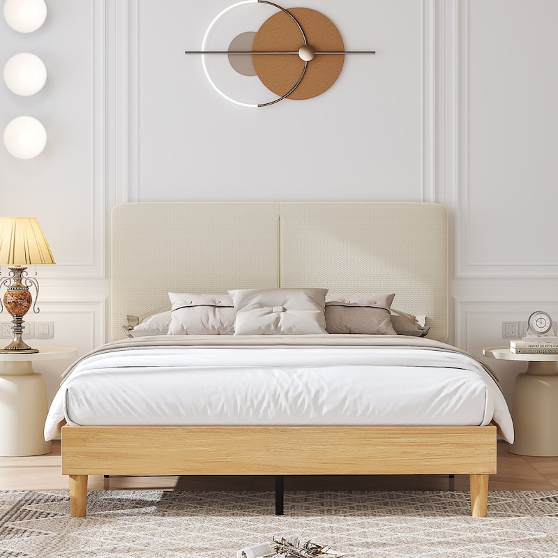 VECELO Upholstered Platform Bed Frame with Adjustable Headboard, Solid Wood Slats, No Box Spring Needed, Twin/Full/Queen Size - Beige - Queen