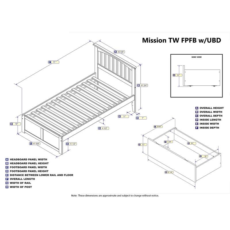 Mission Twin Platform Bed with Footboard and 2 Drawers in Walnut