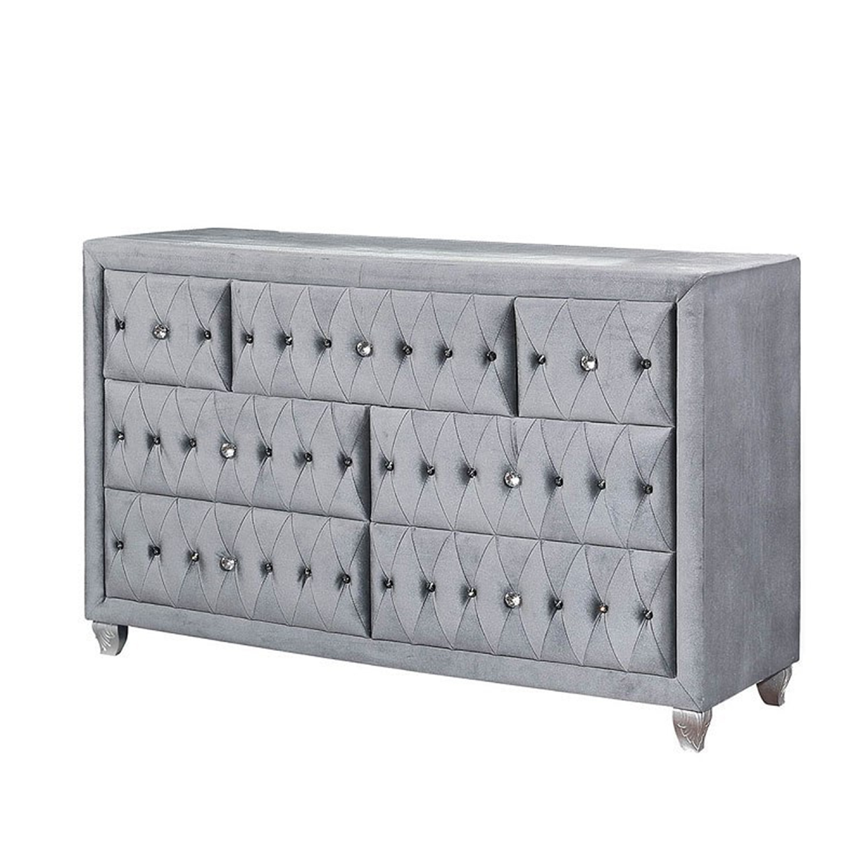 grey velvet dresser Rea Wide Dresser, 7 Drawers with Crystal Knobs, Gray Upholstery this dresser is simply magnificent. Cameo 4 PC Panel Bedroom