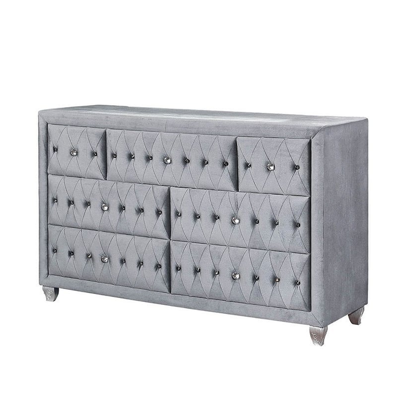 Rea Wide Dresser, 7 Drawers with Crystal Knobs, Gray Velvet Upholstery
