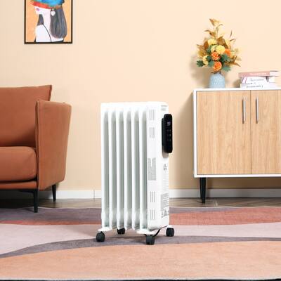 HOMCOM 1500W Oil Filled Portable Radiator Heater with 3 Heat Settings, Over-heat Protection and Remote Control, White