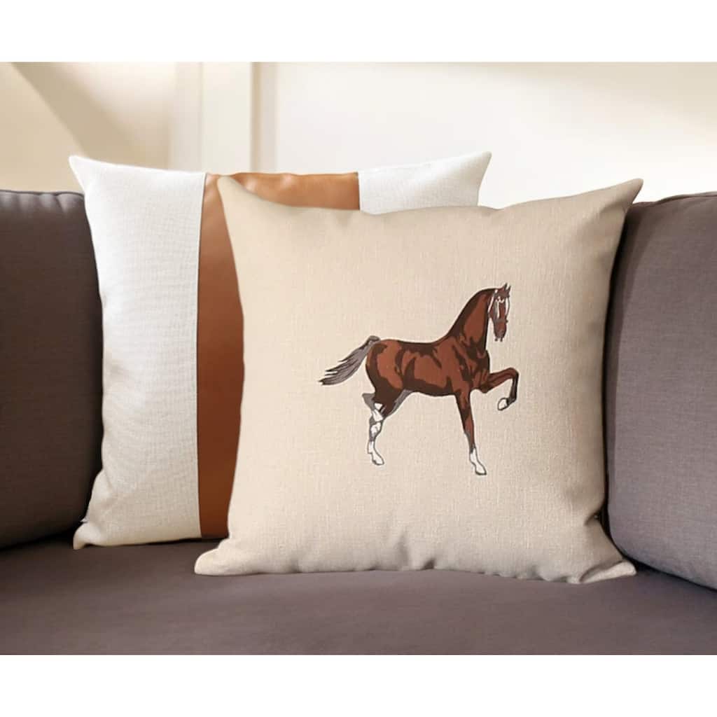 HomeRoots Set Of Two 18" X 18" Beige And Brown Horse Faux Leather Zippered Pillow With Embroidery