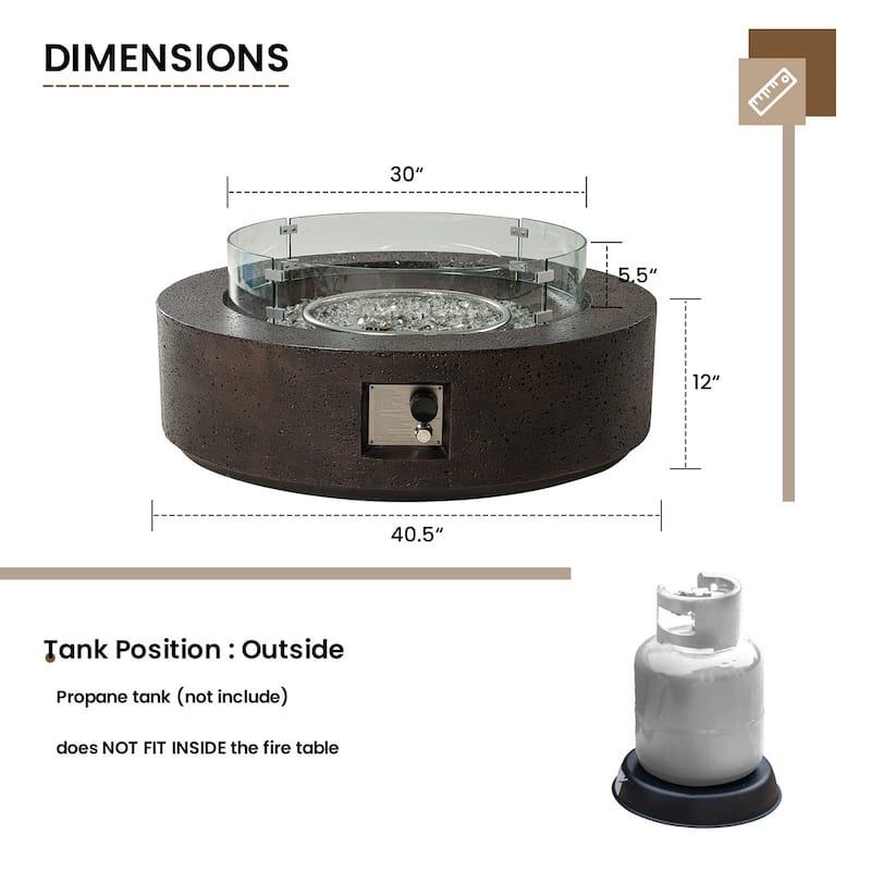 SUNBURY 42''Round Propane Fire Pit w Wind Guard and Fire Glass
