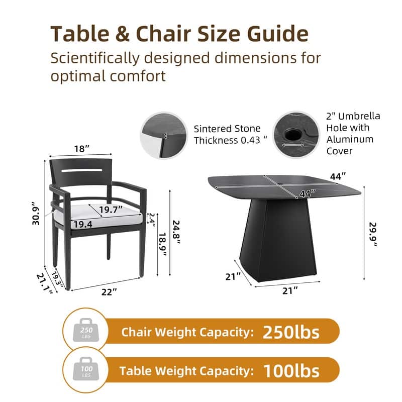 5-Piece Premium Pedestal Dining Set – 44" Rounded Square Sintered Stone Table & 4 Armchairs with Sunbrella Cushions‌
