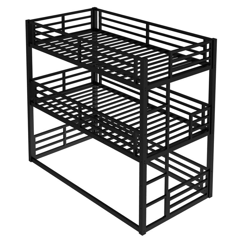 Metal Triple Bunk Bed, Twin over Twin over Twin, Black, Heavy-duty, Noise-reduced Design with Safety Guardrails