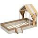 preview thumbnail 10 of 12, Brown+White Twin Size Upholstered House Bed with Curtains for Kids