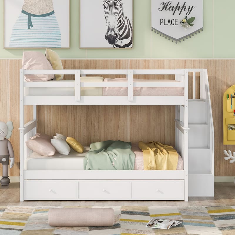 Full-over-Full Wood Bunk Bed with Four Storage Drawers and Stairway