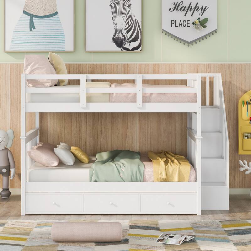 Wood Stairway Bunk Beds with 3 Under Bed Drawers, Storage Staircase and Guard Rail, Solid Wood Bedframe for Bedroom/Dorm - White - Full