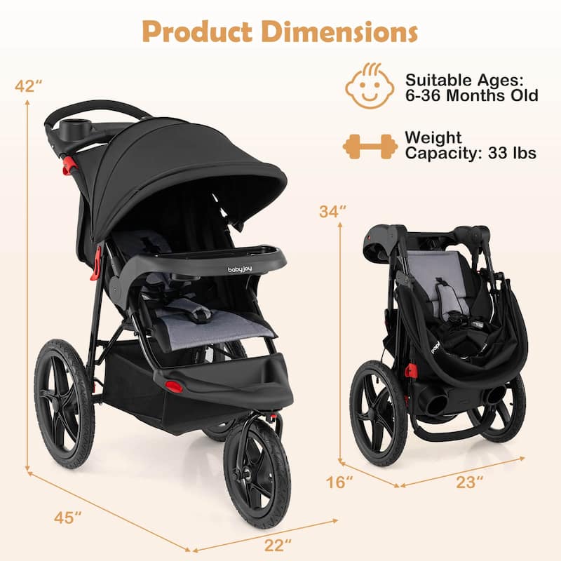 Babyjoy Jogging Stroller Foldable Jogger with Adjustable Canopy - See Details