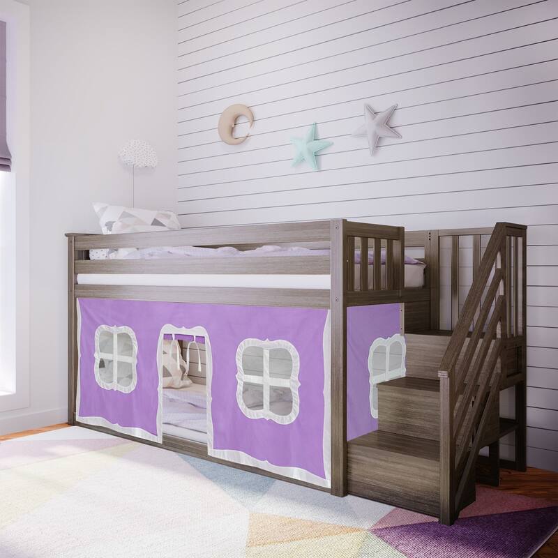 Max and Lily Twin over Twin Low Bunk Bed with Staircase and Curtains