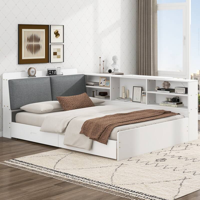 Modern Full Size Wood Platform Bed with Storage Headboard, Built-in Shelves, Upholstered Backrest, and 2 Drawers