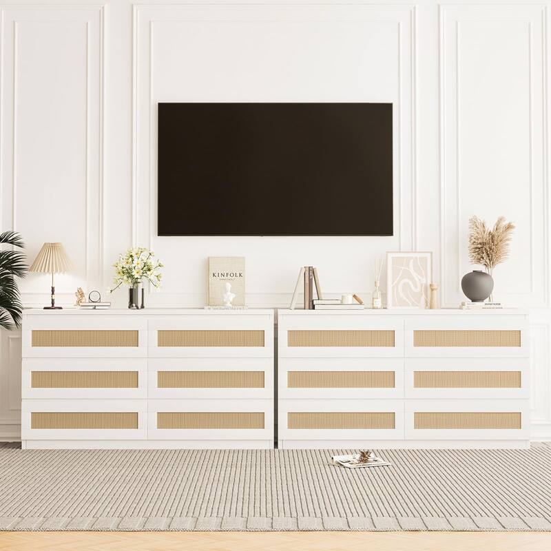 Rattan Dresser for Bedroom, Modern 6 Drawer Double Dresser with Anti-Tip Kit