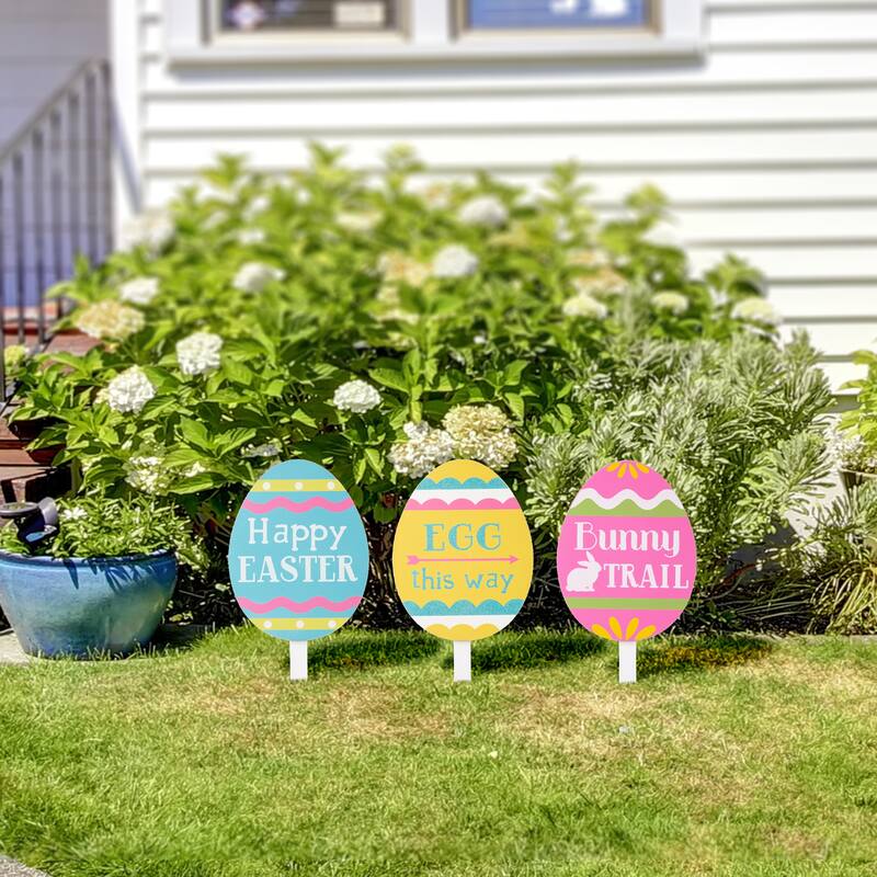 Glitzhome Set of 3 Easter Eggs Wooden Sign Yard Stakes