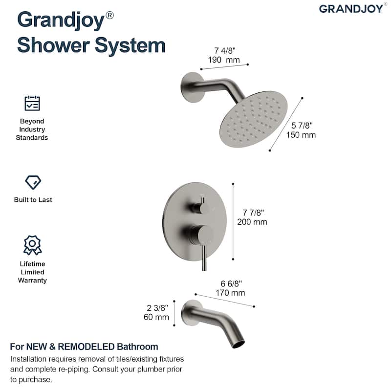 GRANDJOY Wall-Mount 2-Function Shower and Tub System with Pressure Balance Valve