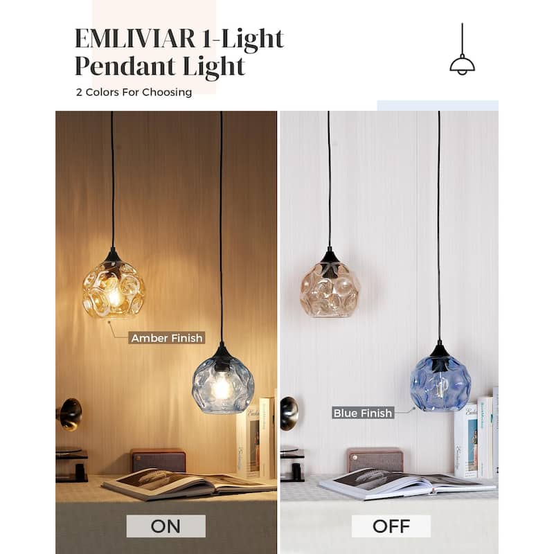 1-Light Blue Hammered Glass Modern Pendant