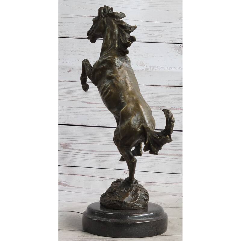 Signed Barye Excited Rearing Horse Bronze Marble Sculpture Racing Marble Figure