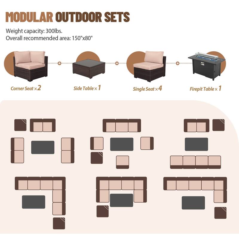 Outdoor Wicker Sectional Sofa 8-Piece Set with Fire Pit Table
