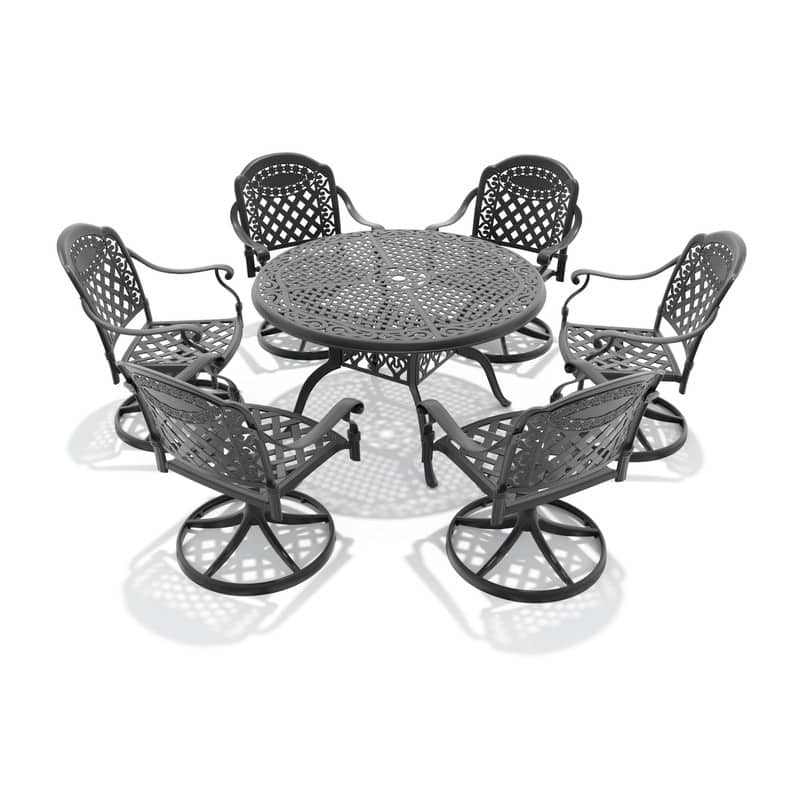 7-Piece Aluminum Round Outdoor Patio Dining Set, 6 Cushioned Swivel Chairs, Table, All-Weather Frames