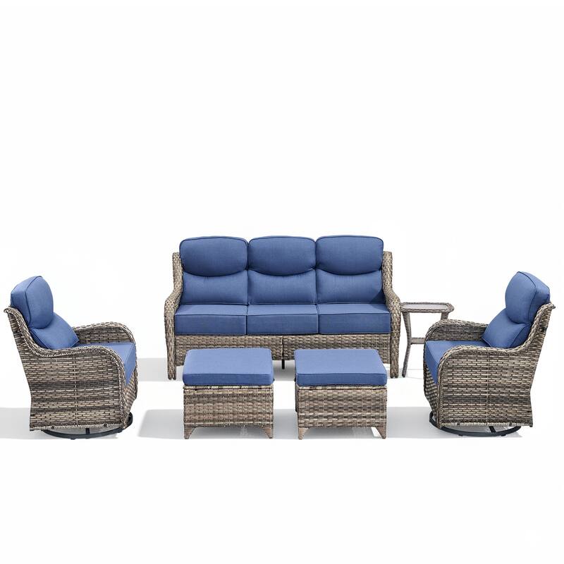 Meyreso 6-Piece Wicker Patio Conversation Set with Swivel Gliders and 6-Inch Thick Olefin Cushions