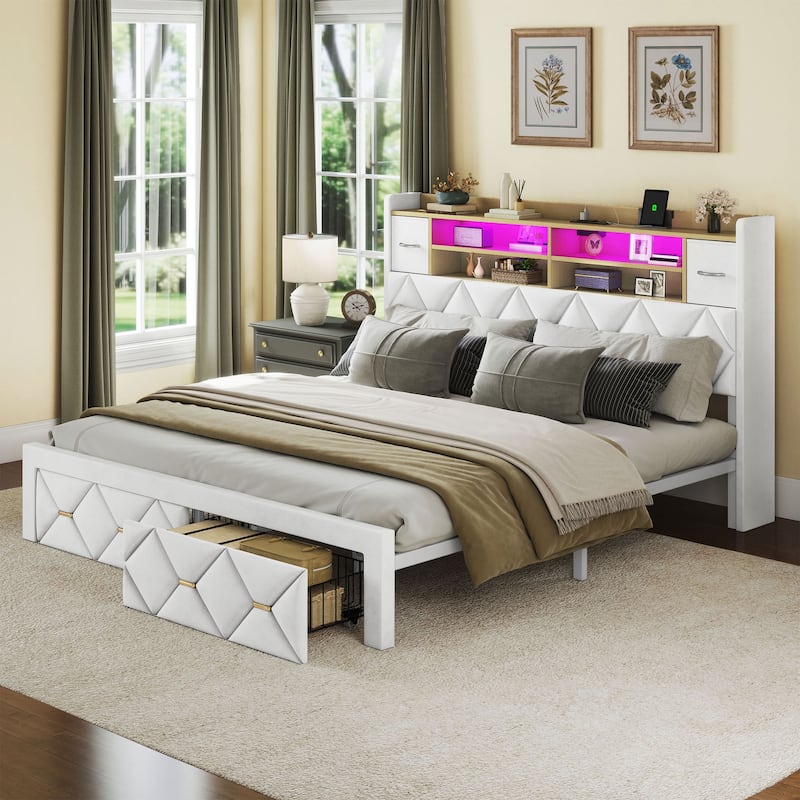 Farmhouse Bed Frame Upholstered Headboard Platform Bed with Charging Station