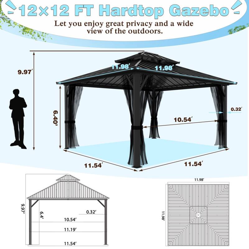 VEIKOUS Aluminum Double Hardtop Gazebo Pergola for Patio, Lawn, and Garden with Removable Netting