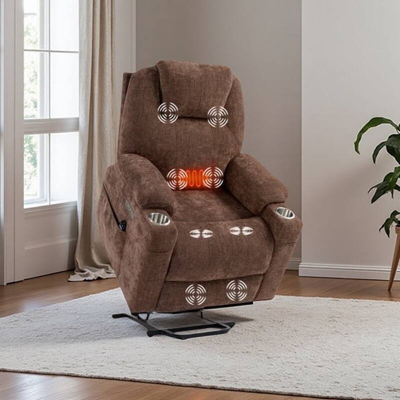 Power Lift Recliner with 8-Point Massage, Lumbar Heat, Dual USB Charging, and Stainless Steel Cup Holders - Brown