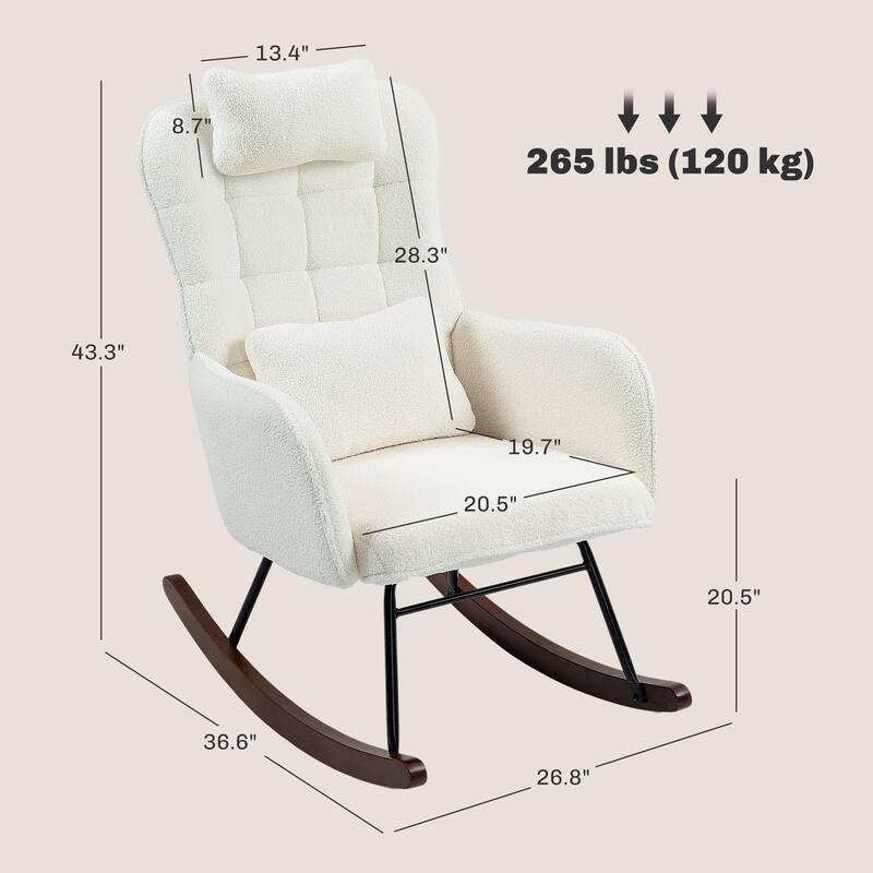Modern Teddy Fleece Cushion Rocking Chair with High-Density Foam Headrest and Lumbar Support - 26.8" W x 36.6" D x 43.3" H