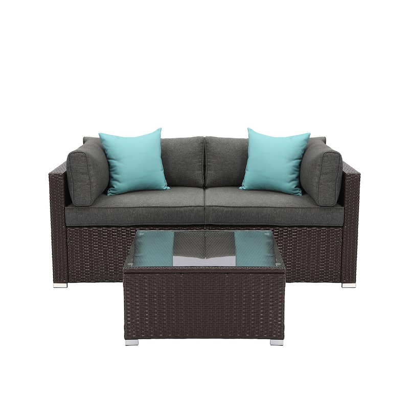 COSIEST 3-Piece Outdoor Furniture Set Brown Wicker Sectional Sofa With Cushions, Glass-Top Coffee Table,Pillows