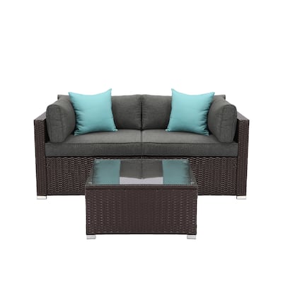 COSIEST 3-Piece Outdoor Furniture Set Brown Wicker Sectional Sofa With Cushions, Glass-Top Coffee Table,Pillows