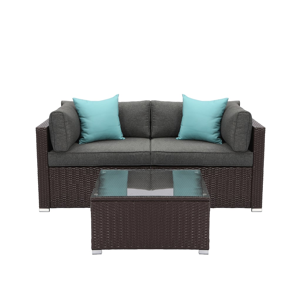 COSIEST 3-Piece Outdoor Furniture Set Brown Wicker Sectional Sofa With Cushions, Glass-Top Coffee Table,Pillows