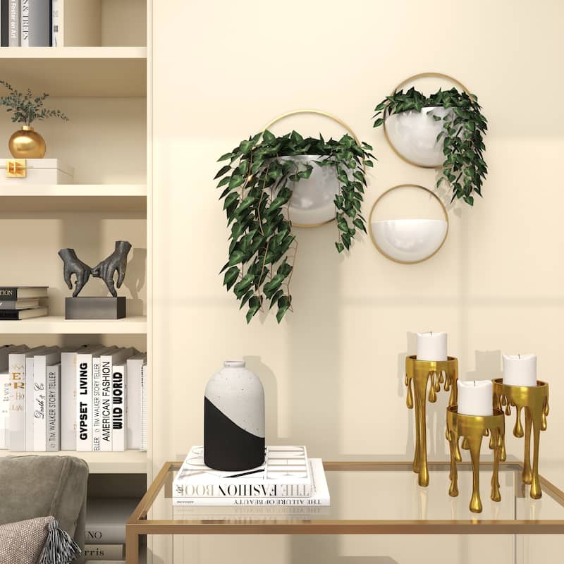 Metal Geometric Indoor Outdoor Round Wall Planter - Set of 3 White, Gold, Black - Roche River Decor