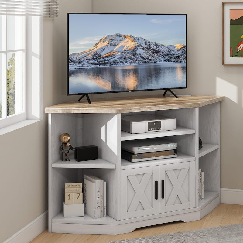 Moasis Farmhouse Corner TV Stand Entertainment Center for TV up to 55-inch w/Power Outlet