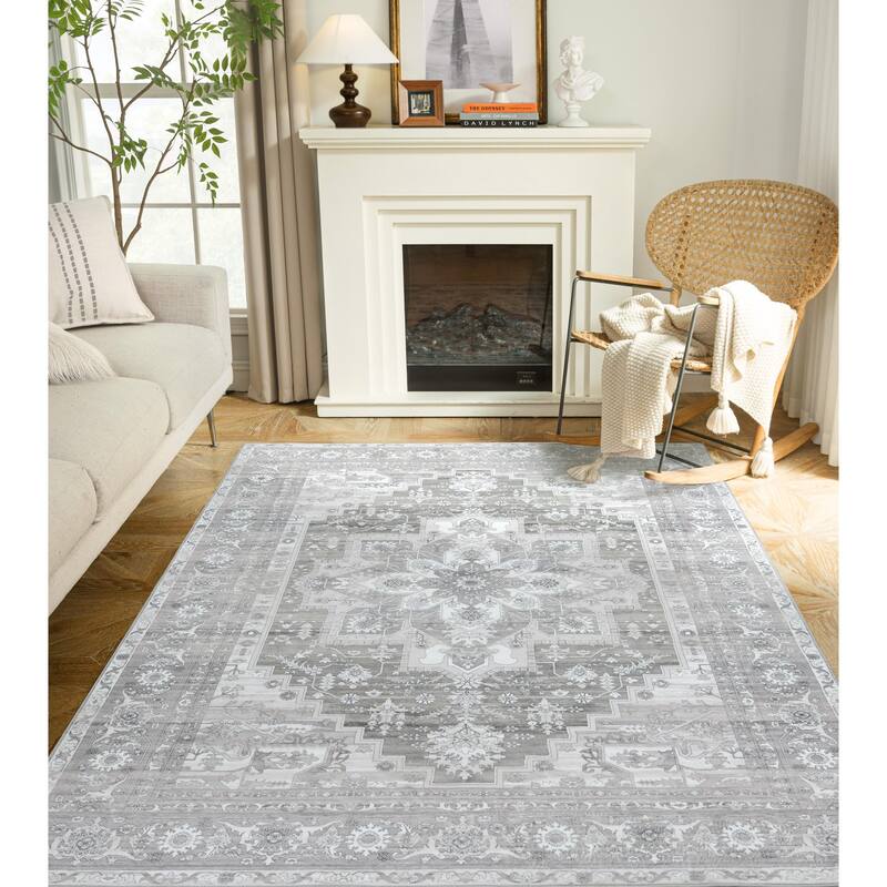 DriftAway Area Rug Washable Rugs for Living Room Non Slip Rubber Backing Low Pile Non Shedding Boho Foldable Vintage Rugs - Gray - 5'x7'