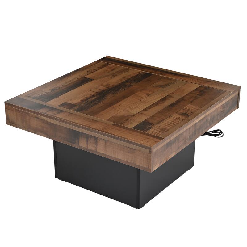 31.4" Farmhouse Square Coffee Table with LED Light, 2 USB Ports and Outlets