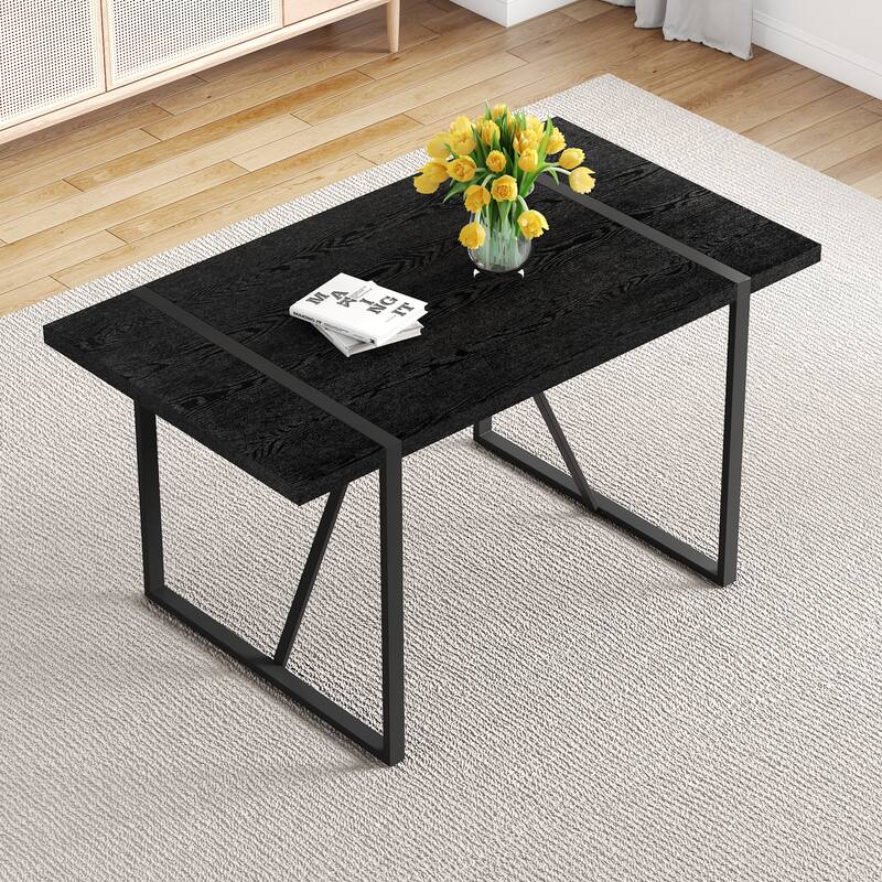 55-Inch Minimalist Retro Rectangular Dining Table, Black Textured Top with Inset Black Metal Legs