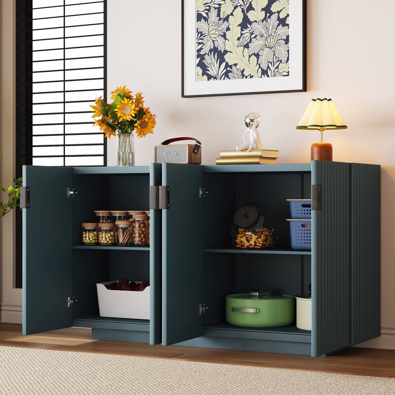 4 Wavy Doors Ample Storage Space Sideboard with Adjustable Shelves - Blue