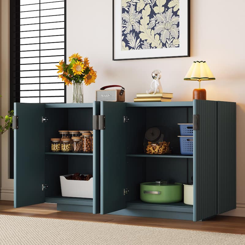 Antique Blue Buffet Cabinet Storage Cabinet Sideboard w/ Adjustable Shelves, Wavy Doors Entryway Floor Cabinet Console Table
