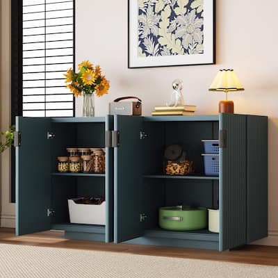 Antique Blue Entryway Cabinet Console Table Wavy Doors Buffet Sideboard