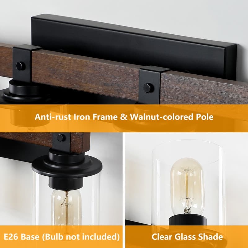 Vanity Light, Industrial Bathroom Wall Sconce with Glass Shades and Wood Accent, Modern Farmhouse Lighting Fixture (No Bulbs)