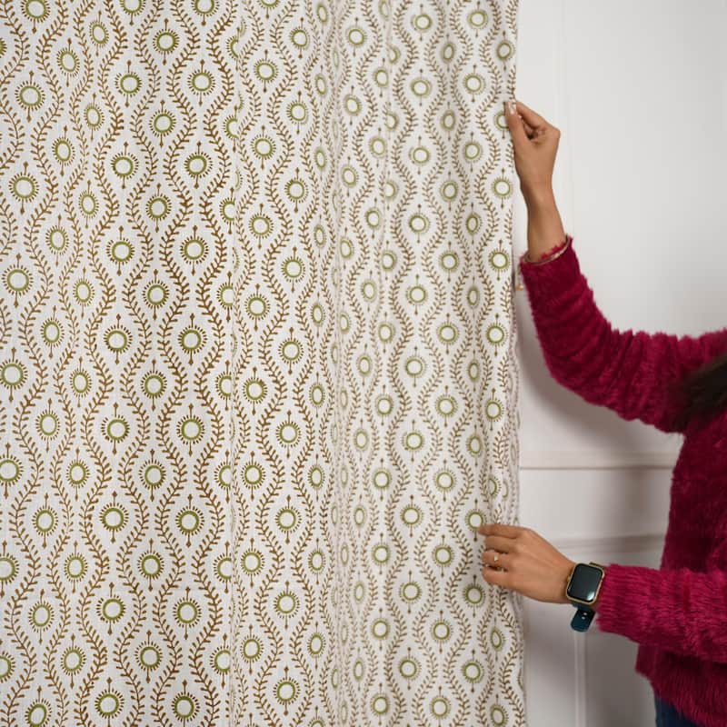 Fabdivine Handmade Block Print Viscose Linen Gift Home Decorative Accent Vintage Curtain or Drape - Lehar- Green, Brown - 54" X 102"